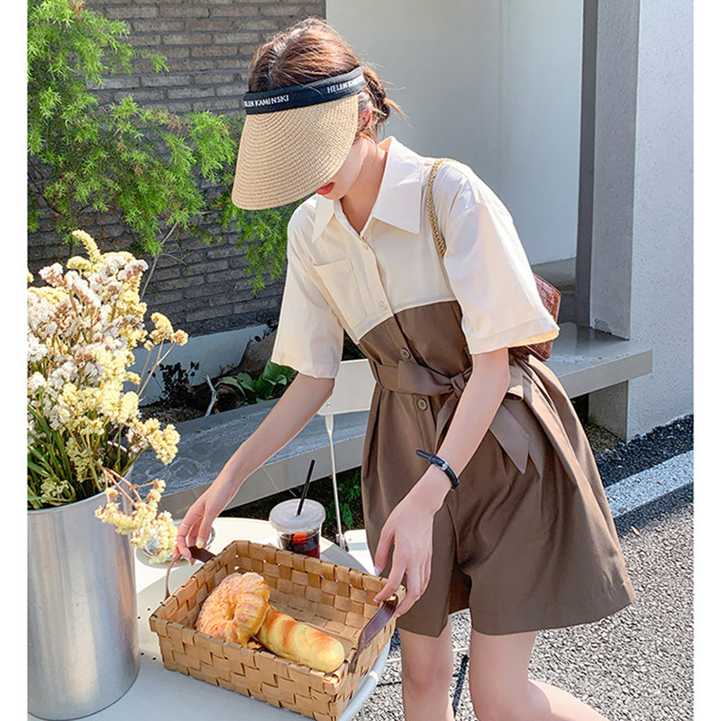 バイカラーウエストリボン ショートオールインワン