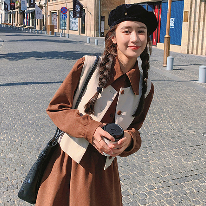 【即納】2WAYバイカラーベスト×ワンピースセット