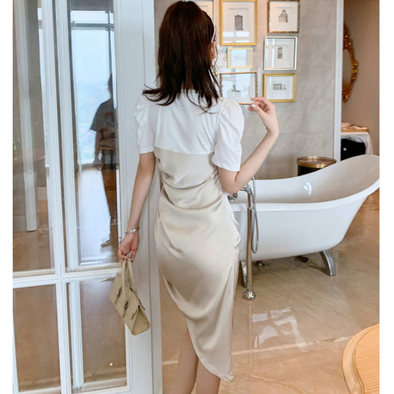 Tシャツコンビサテンサイドドローストリングワンピース