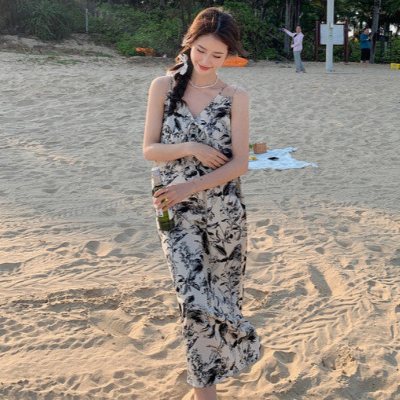 ダブルストラップボタニカルプリントワンピ