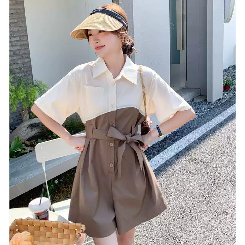 バイカラーウエストリボン ショートオールインワン