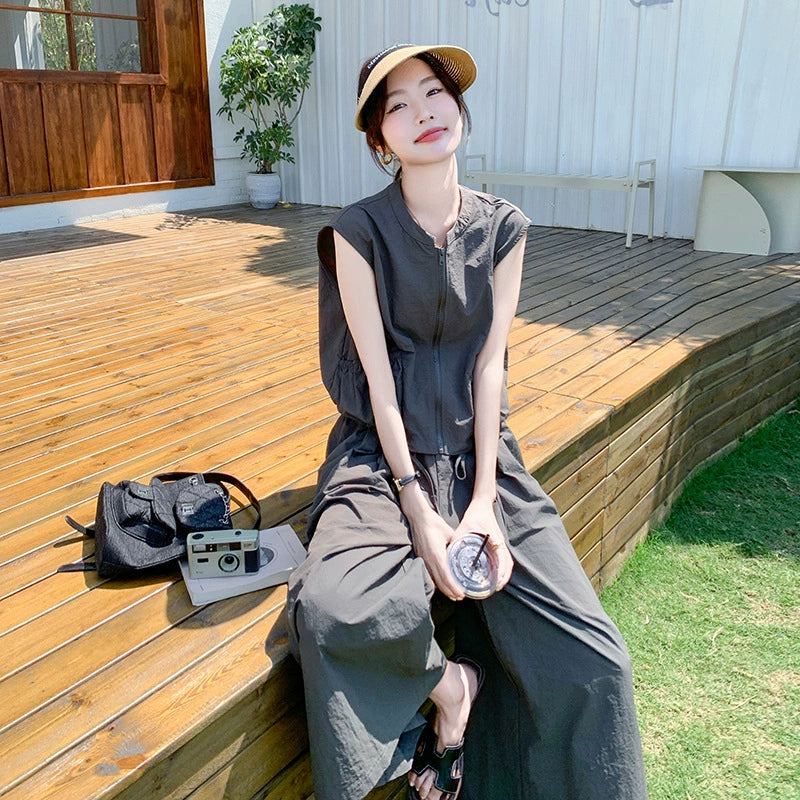 ノースリーブファスナートップス×ワイドレッグパンツセット