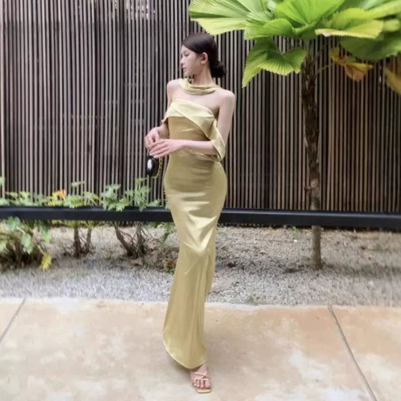 リボンショルダーロングドレス