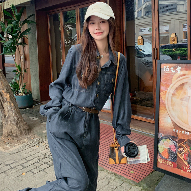 【即納】ベルト付きデニムオールインワン