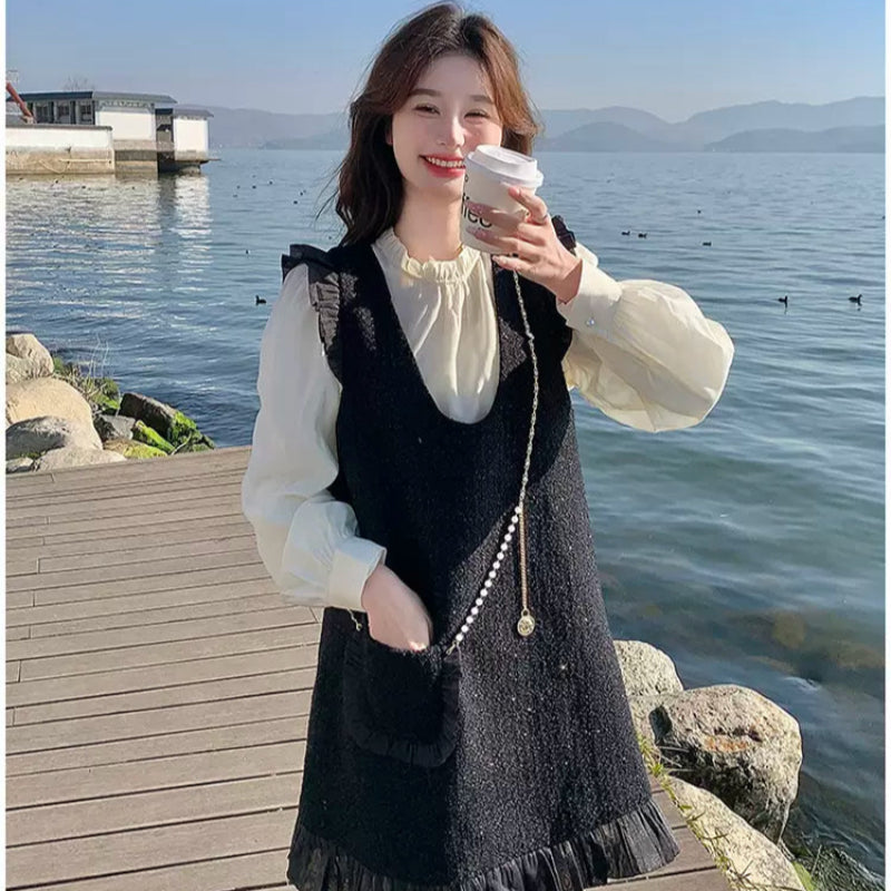 スタンドフリルブラウス×ポーチデザインワンピースセットアップ