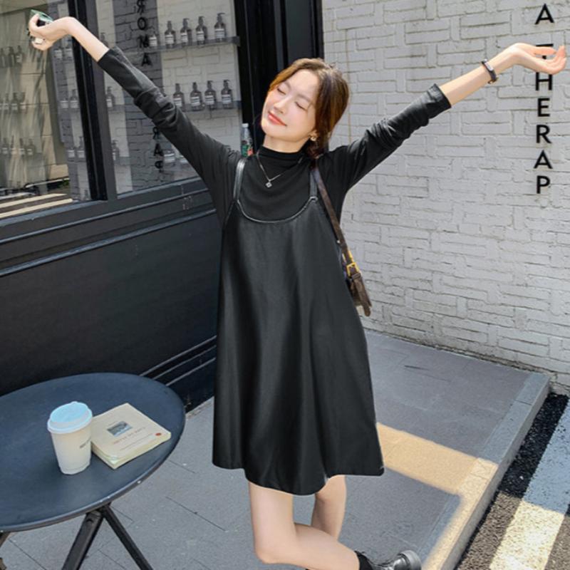 タートルトップス×PUレザーワンピースセット(2colors)