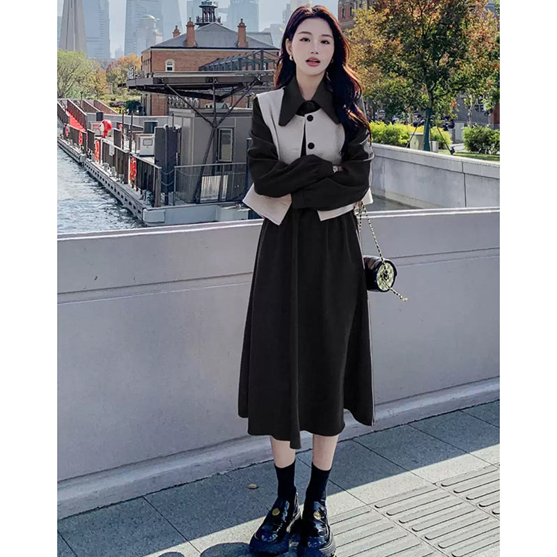 【即納】2WAYバイカラーベスト×ワンピースセット