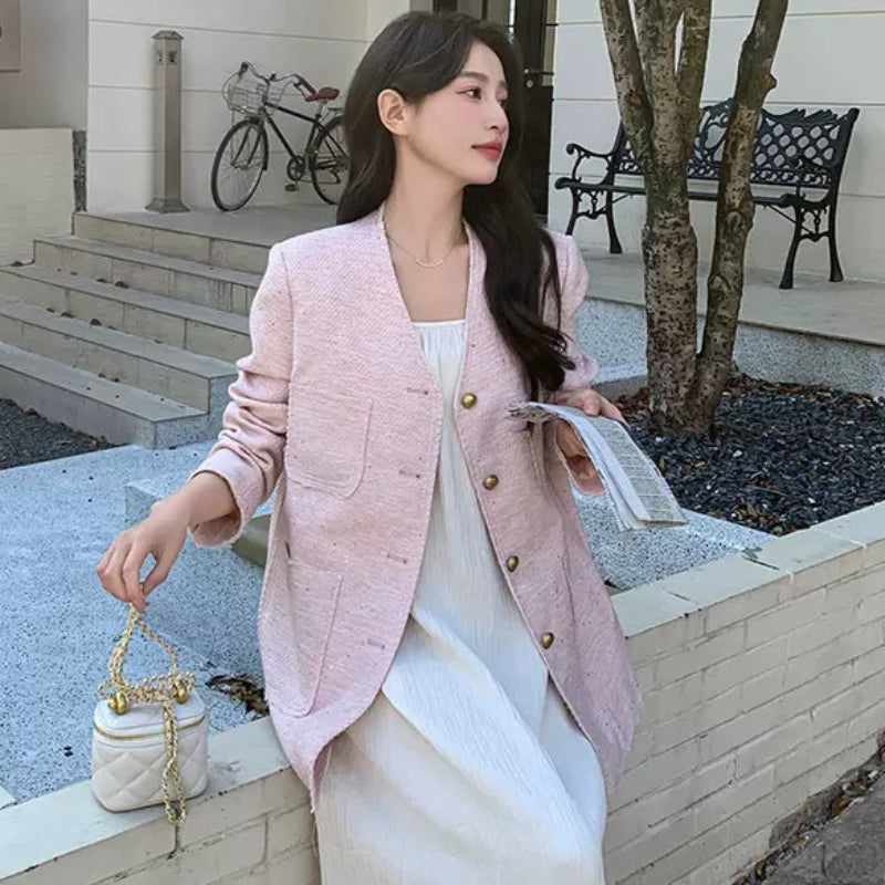 エレガントノーカラーツイードジャケット(3colors)