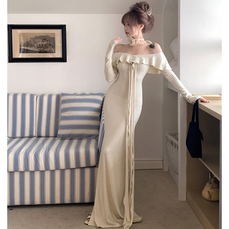 フェミニンオフショルダーリボンフリルスリットドレス