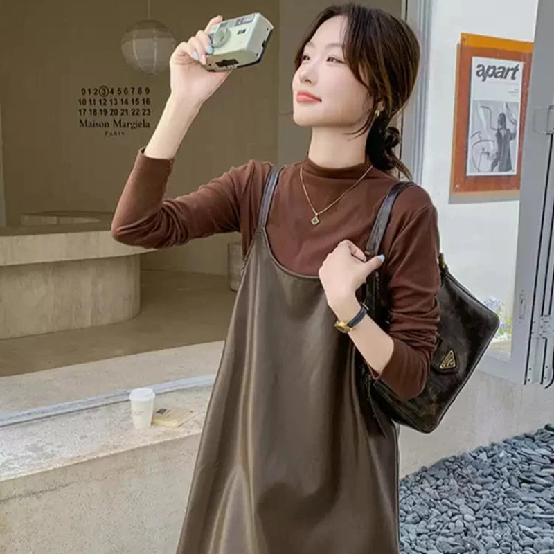 タートルトップス×PUレザーワンピースセット(2colors)