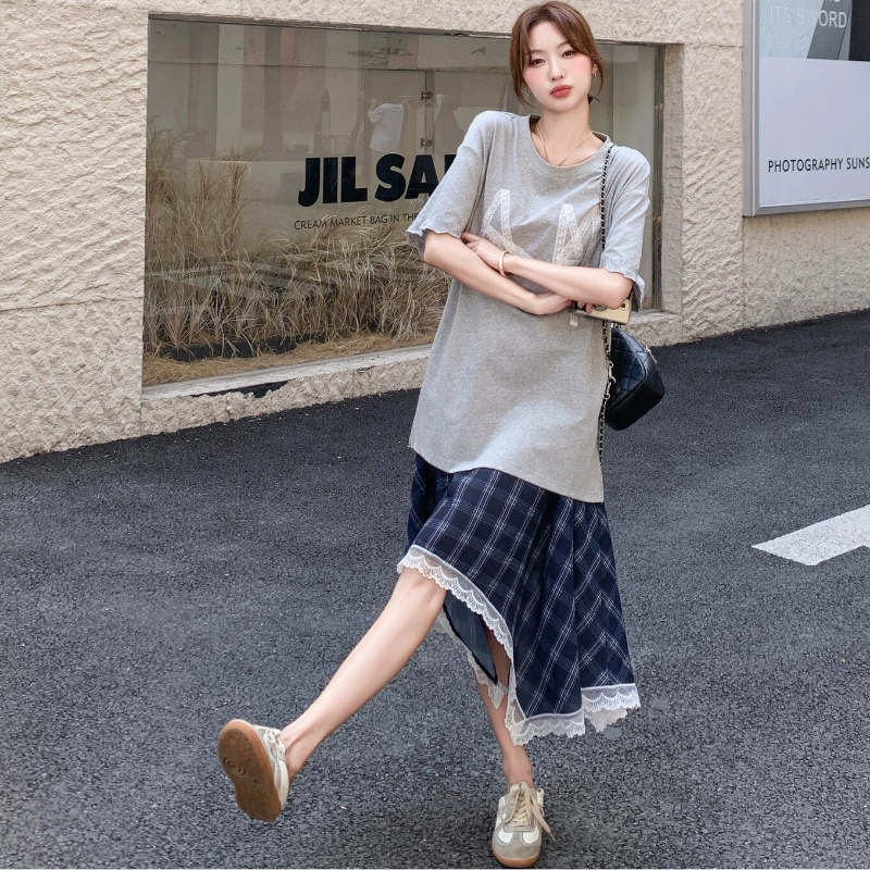 Tシャツドッキングチェックスカートワンピース