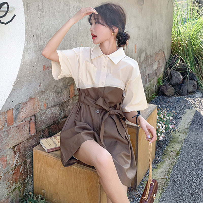 バイカラーウエストリボン ショートオールインワン