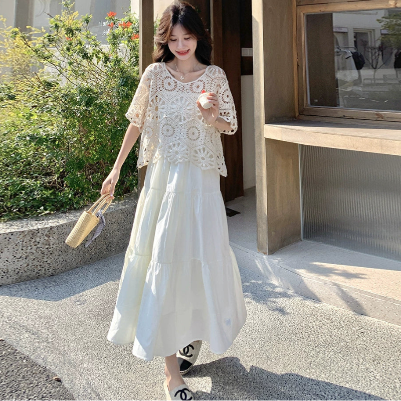 かぎ針編みトップス×ティアードキャミワンピース