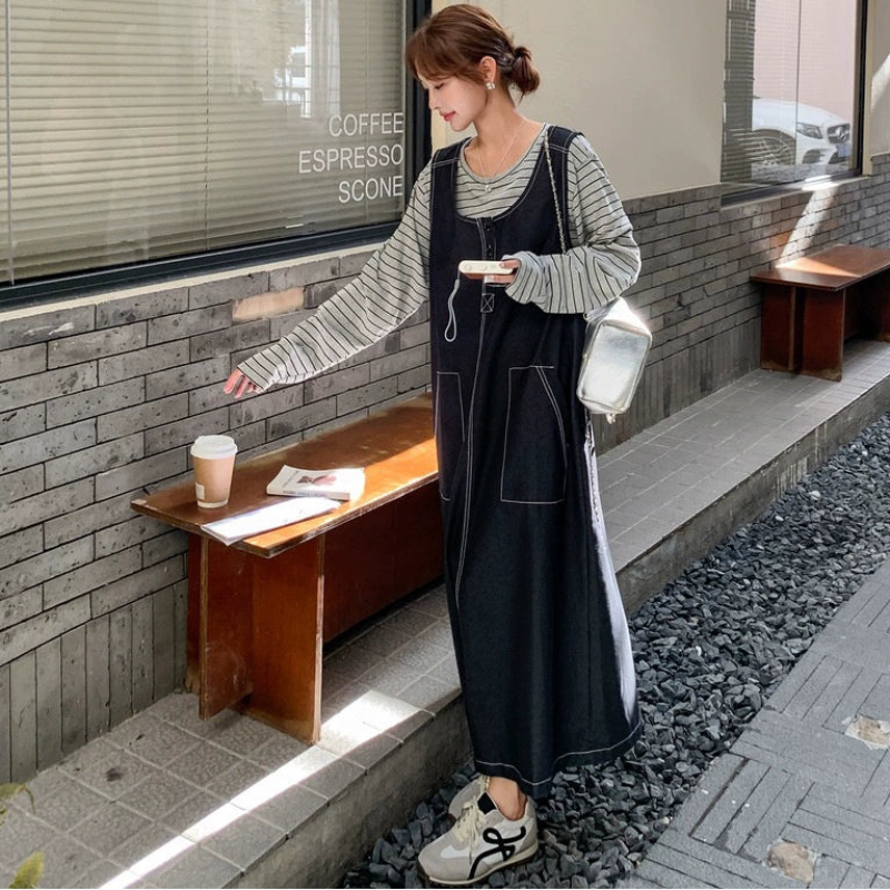 ストライプシャツ×ステッチジャンパースカートセット