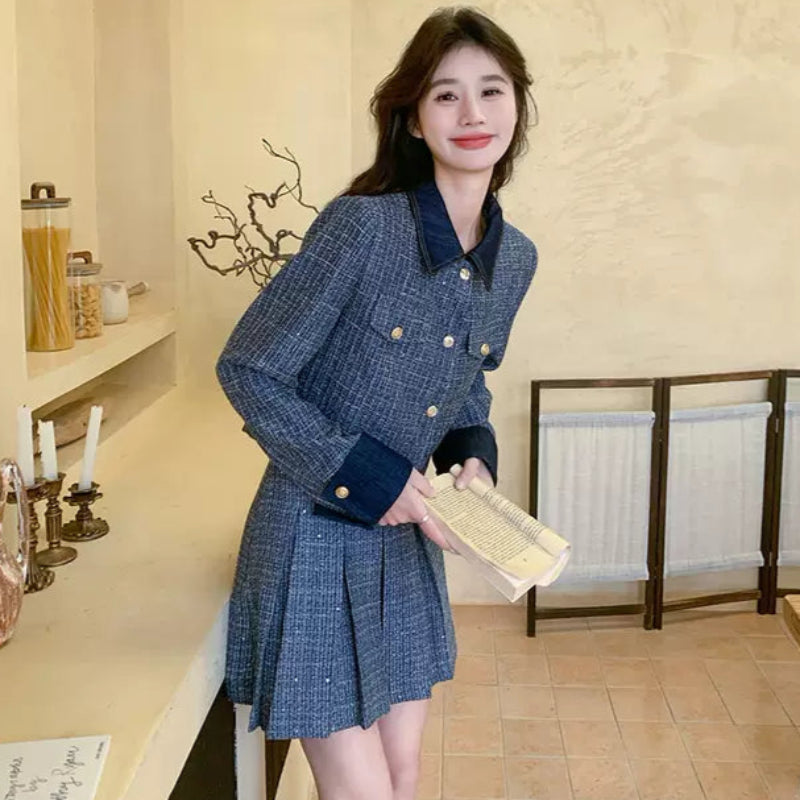 レトロブルージャケット×プリーツミニスカートセット