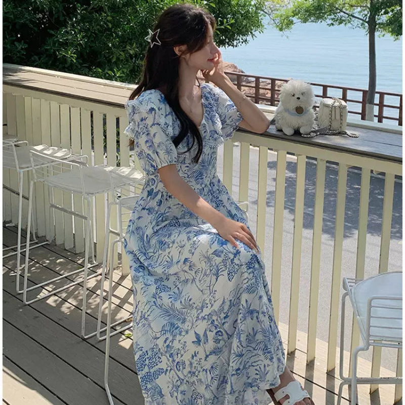 ラッフルカラーボタニカルプリントワンピ