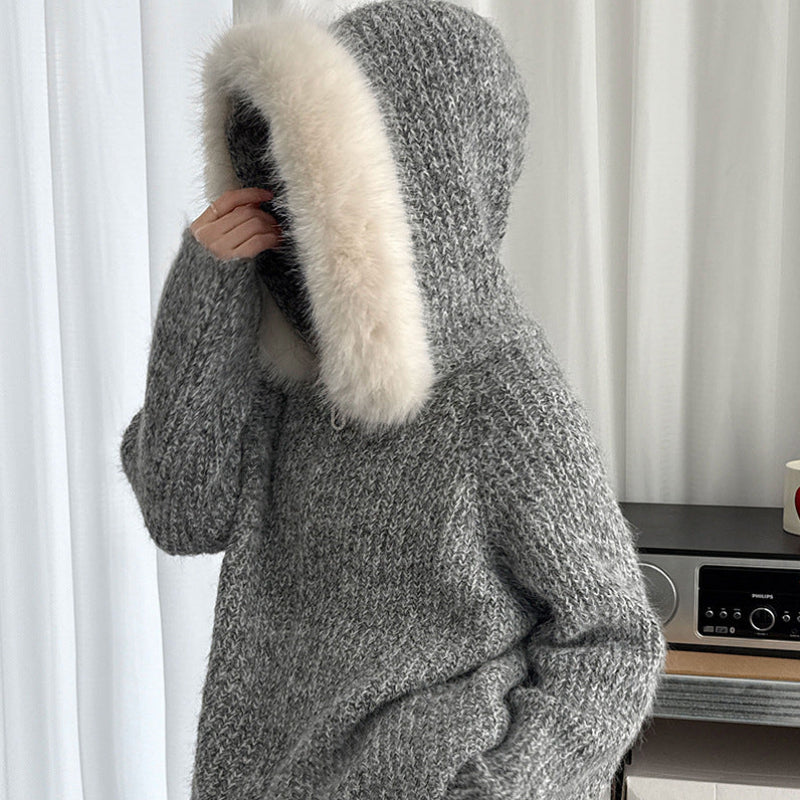 ファーフード付ニットカーディガン(2colors)