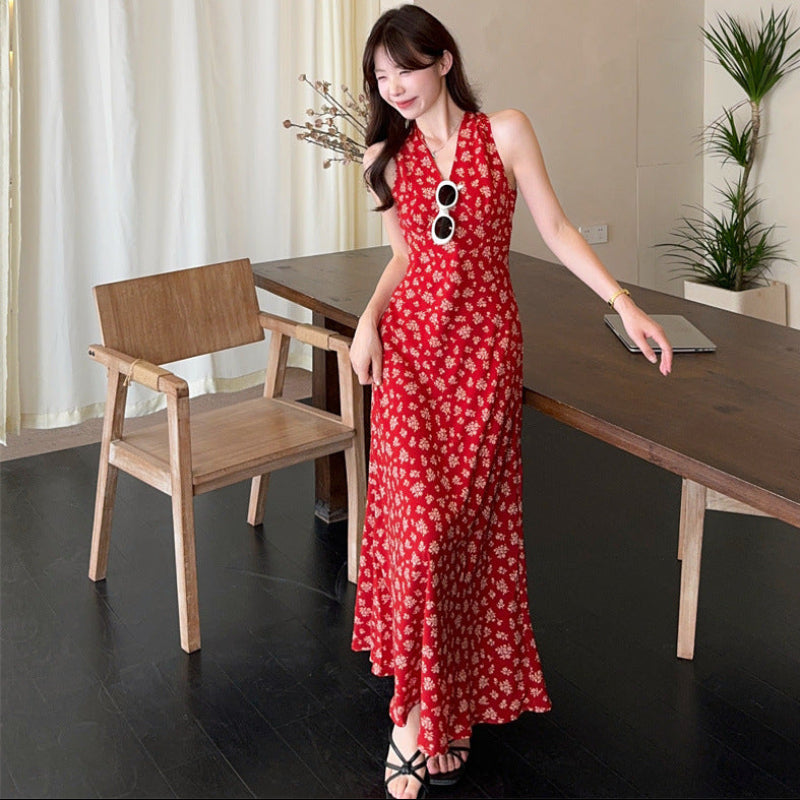 小花柄ノースリーブワンピース(2colors) （赤・紺）夏 リゾート