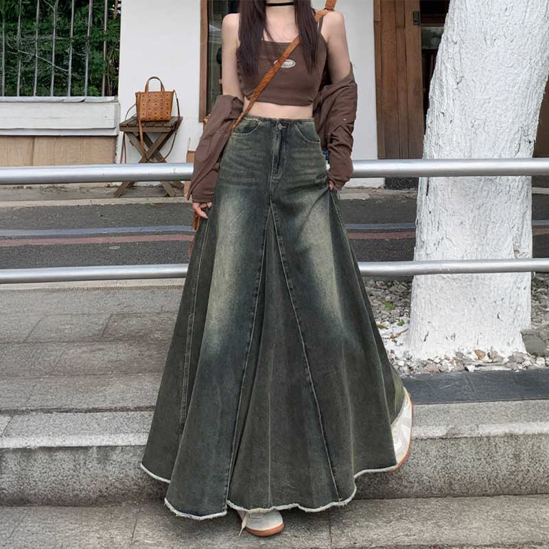 センタープリーツデニムスカート（青）古着のようなユーズド感