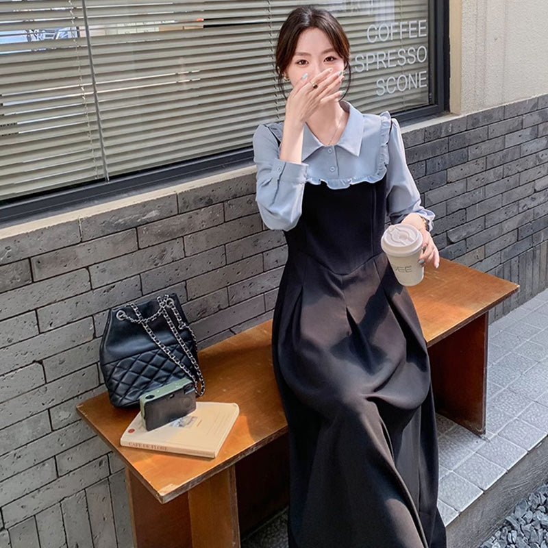 フェイクレイヤードフリルシャツワンピース