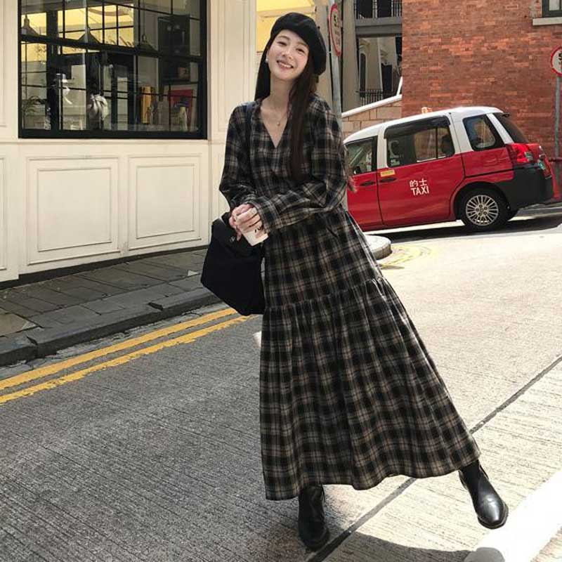 チェックロングフレアワンピース