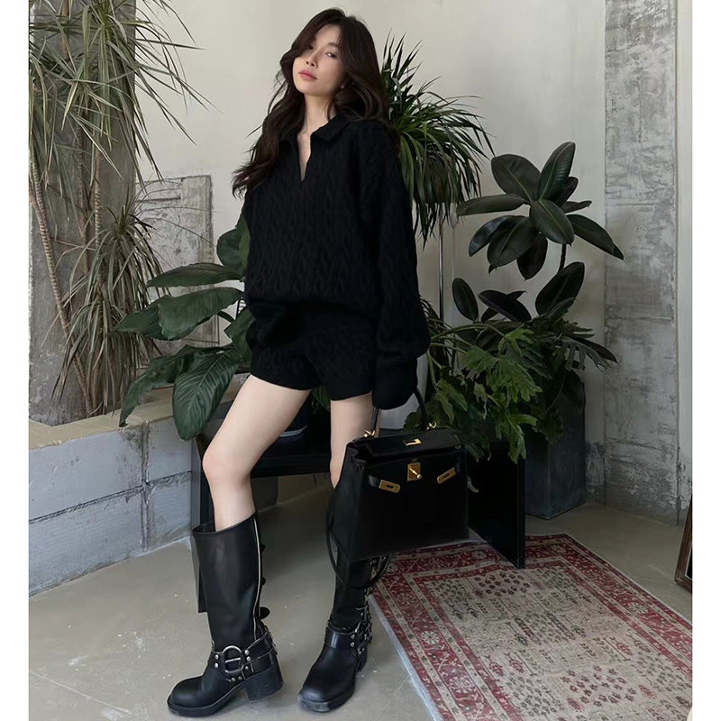 ケーブルニットショートパンツセットアップ