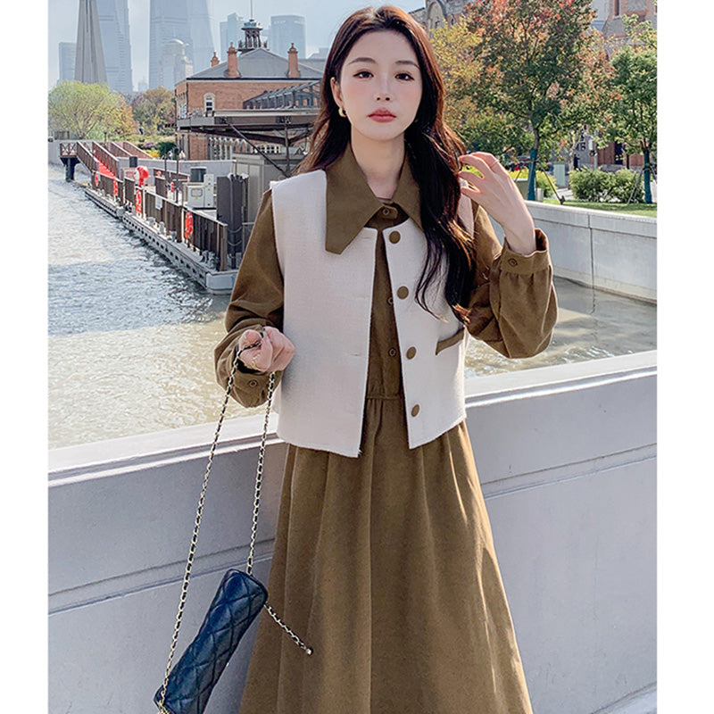 【即納】2WAYバイカラーベスト×ワンピースセット