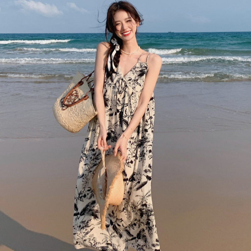 ダブルストラップボタニカルプリントワンピ