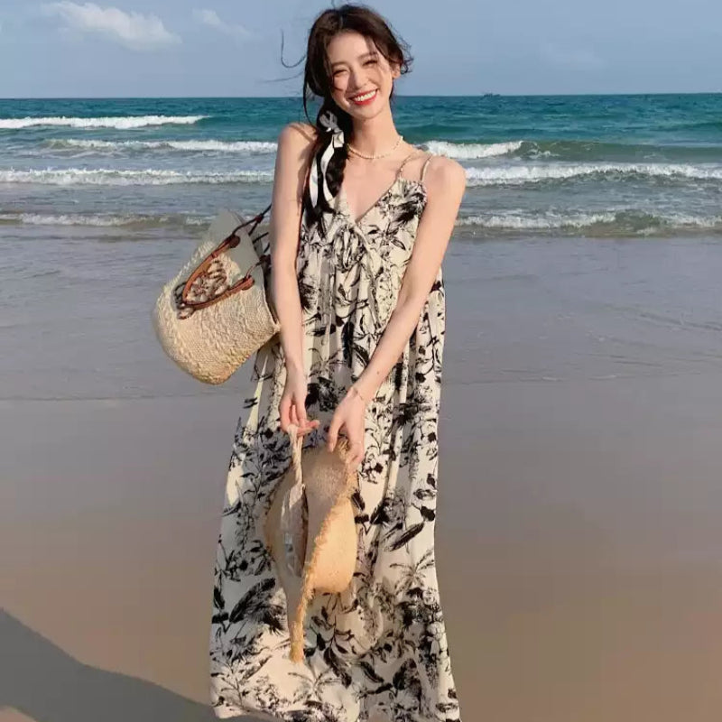 ダブルストラップボタニカルプリントワンピ