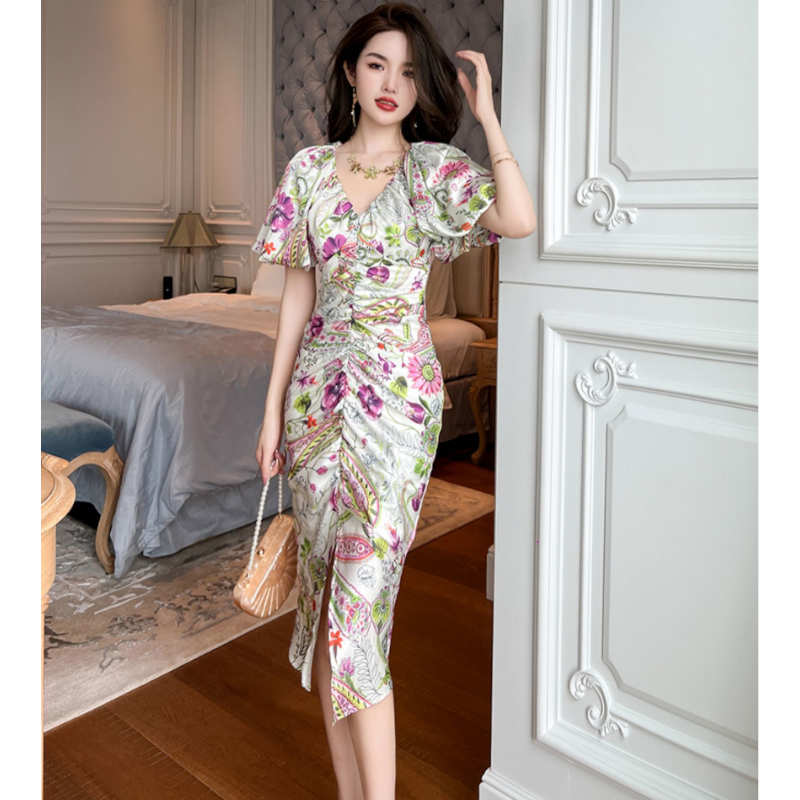 エスニック風プリントギャザーバルーンスリーブワンピース