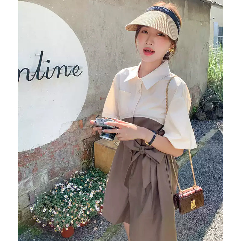 バイカラーウエストリボン ショートオールインワン