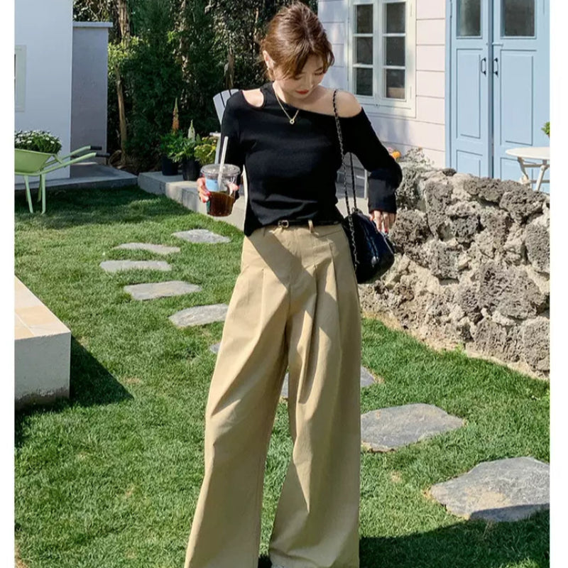 オフショルダーカットソー×ワイドレッグパンツコーデセット