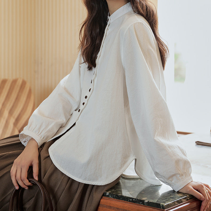 ボタンデザインスタンドカラーブラウス