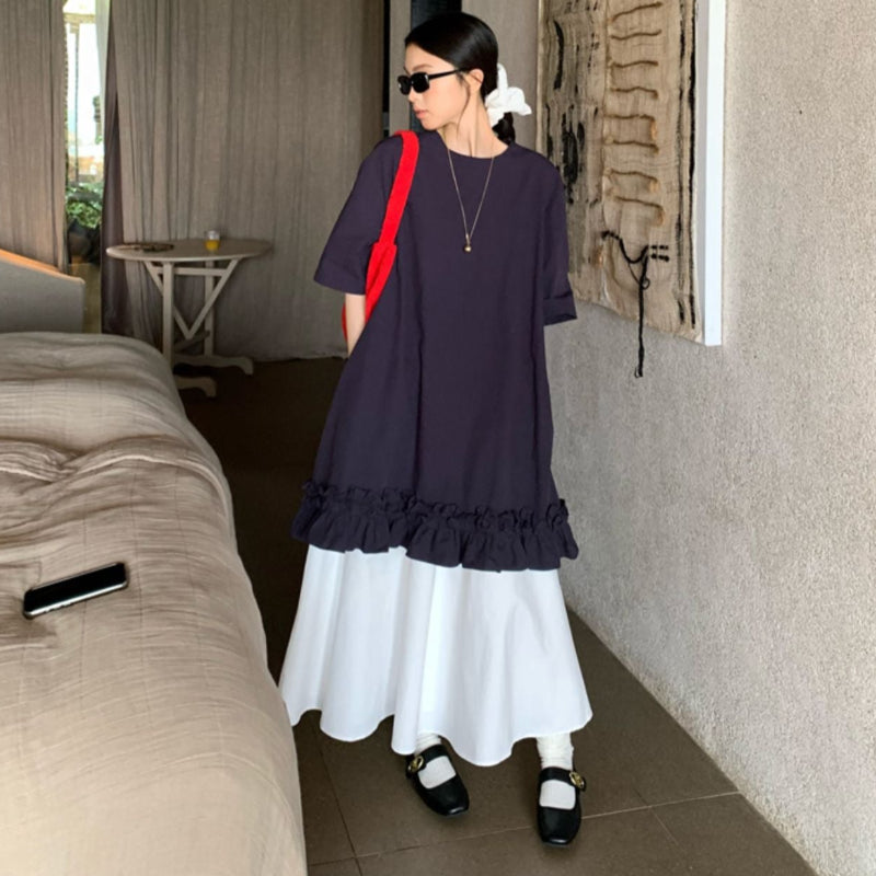 ネイビー5分袖ショート丈フリルワンピース