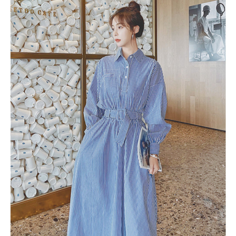 【即納】ブルーストライプシャツワンピース