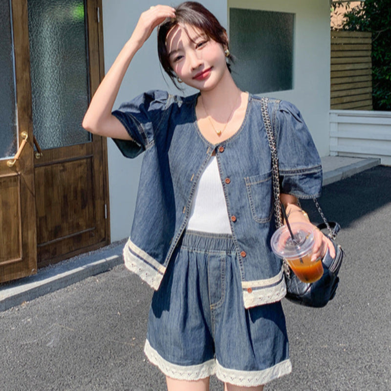 レースデザインデニムジャケット×ショートパンツセットアップ (青・白 