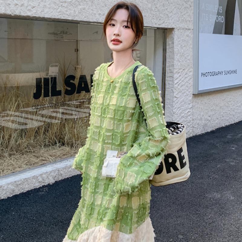 グリーンエンボスチェックワンピース