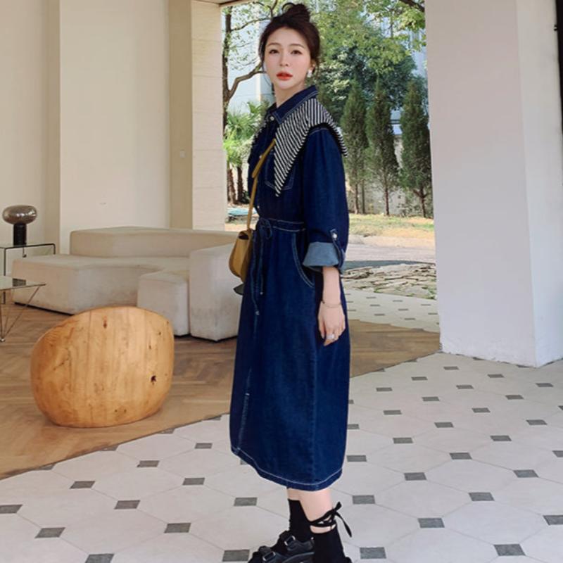 ストライプスカーフ付きデニムワンピース