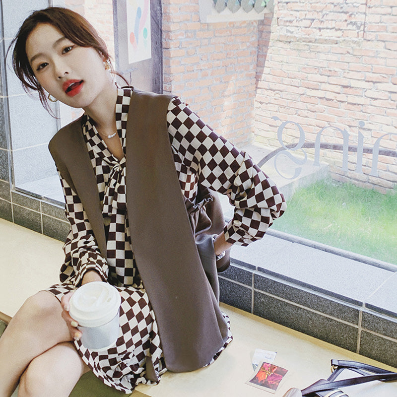 チェック柄ワンピース×ベストセット