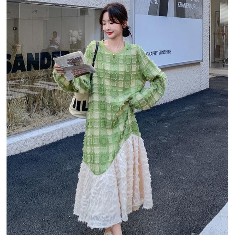 グリーンエンボスチェックワンピース