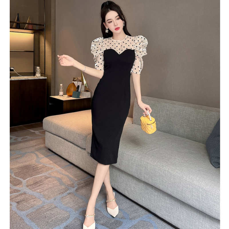 シャイニーポルカドットブラウスコンビビスチェワンピース