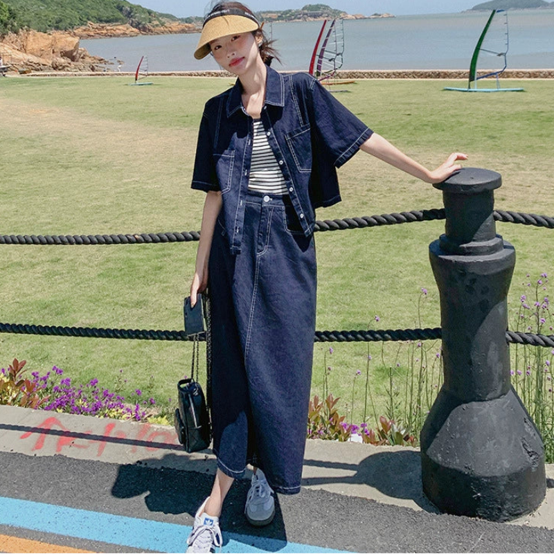 デニムシャツ×スカートセットアップ