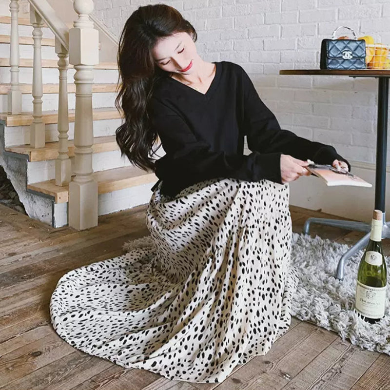 【即納】Vネックトップス×ダルメシアンスカートドッキングワンピース