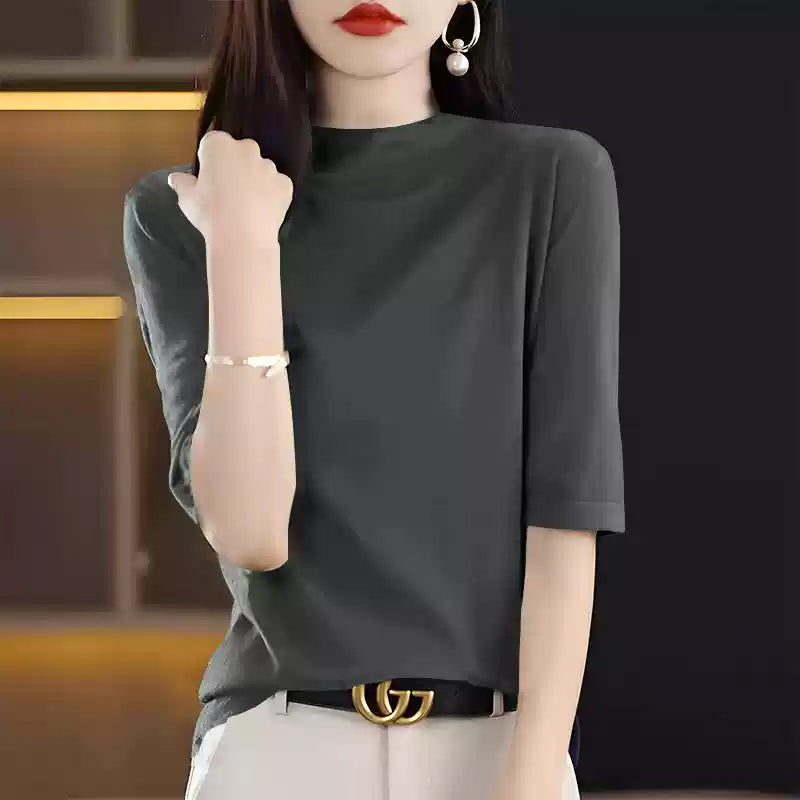 五分袖ボトルネックトップス6colors