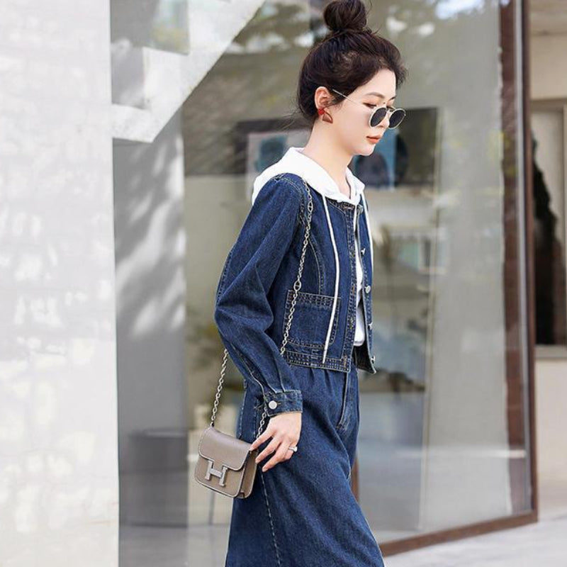 デニムノーカラージャケット×スカートセットアップ