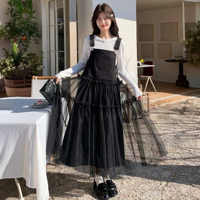 ロングTシャツ×ドッキングチュールサロペット