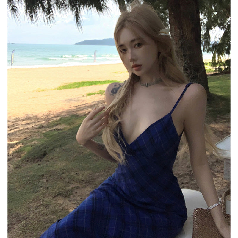 ブルーチェック Vネック バックレスキャミワンピース