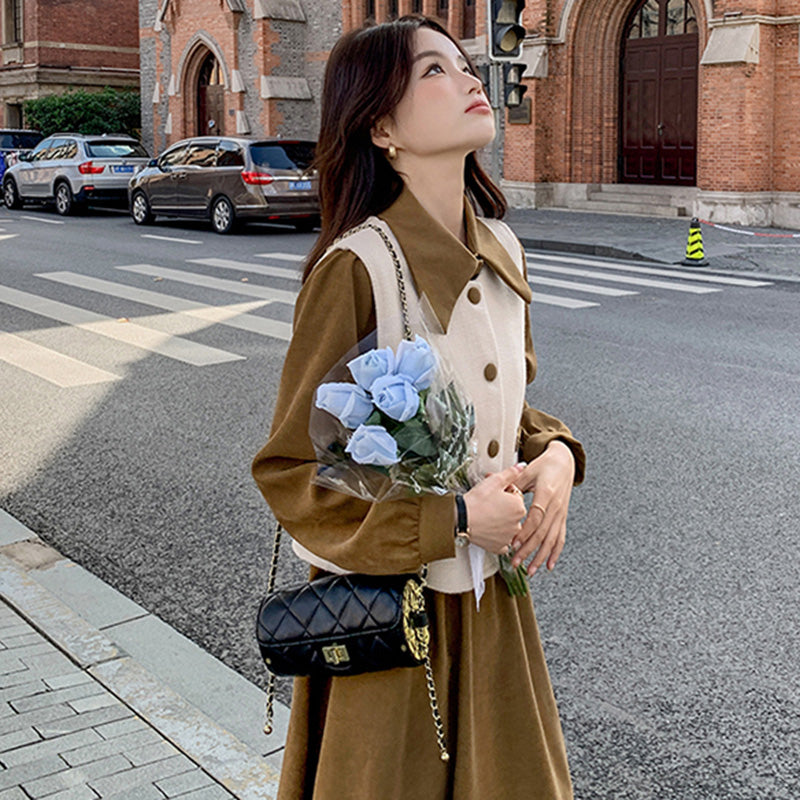 【即納】2WAYバイカラーベスト×ワンピースセット