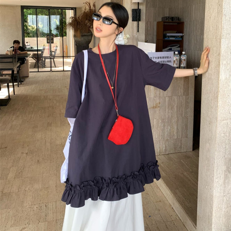 ネイビー5分袖ショート丈フリルワンピース