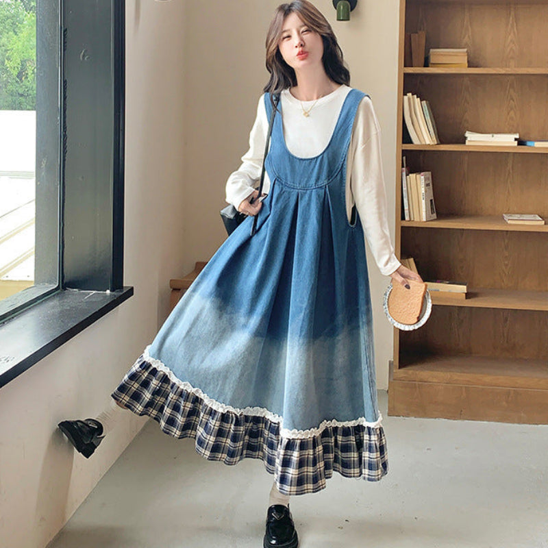 トリムチェックデニムジャンパースカート